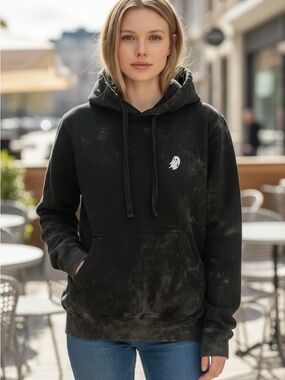 NWT- Black Washed Hooded Sweatshirt with Ghost Logo- dalix